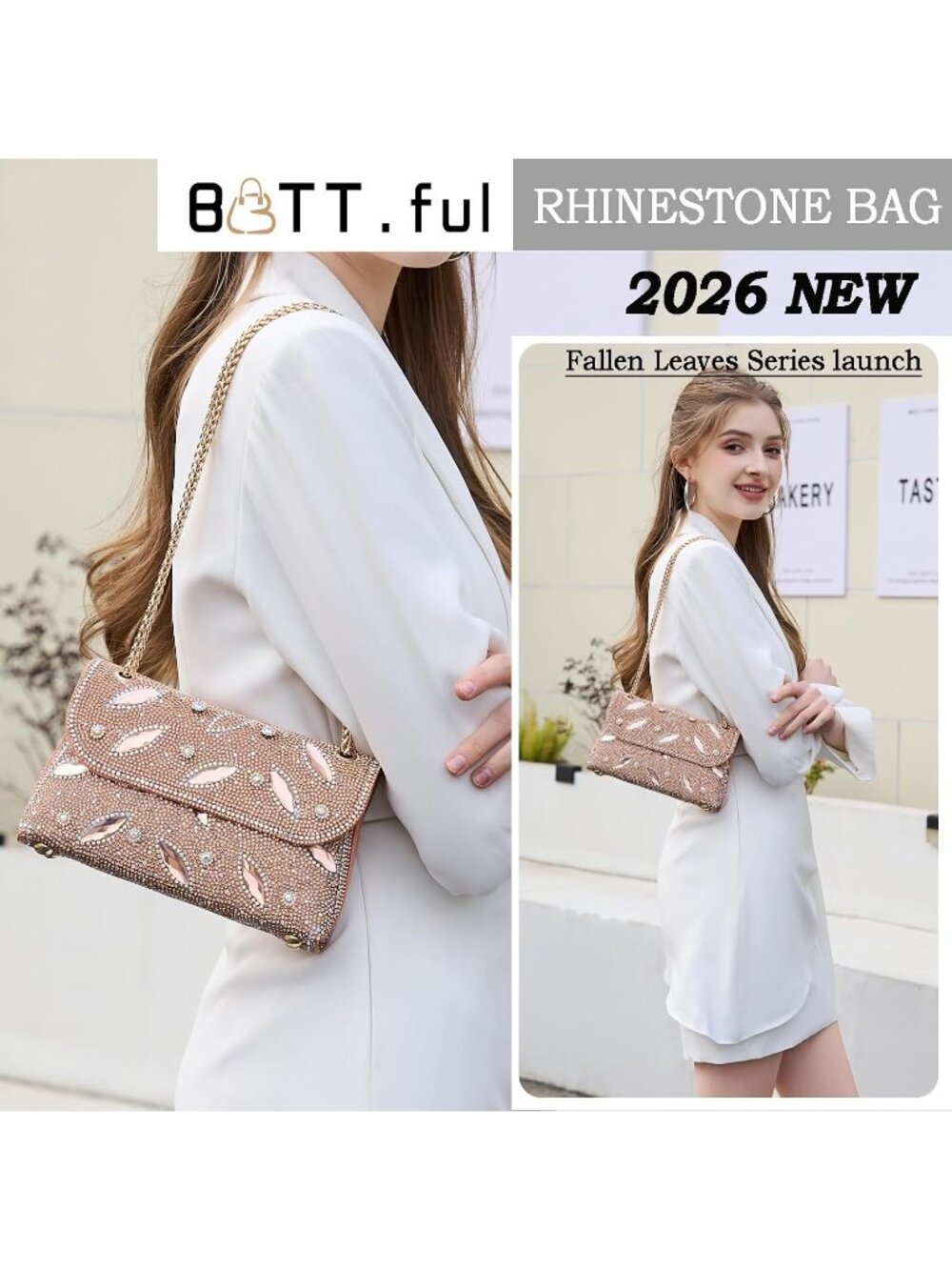 〽️Women's Tan Crystals Rhinestone Chain Strap Square Flower Evening Handbags - Picture 2 of 6